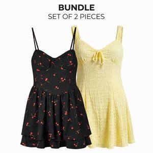 Mini Dress Bundle Set Red Hearts Womens Cherry Print and Yellow Crinkle Size M